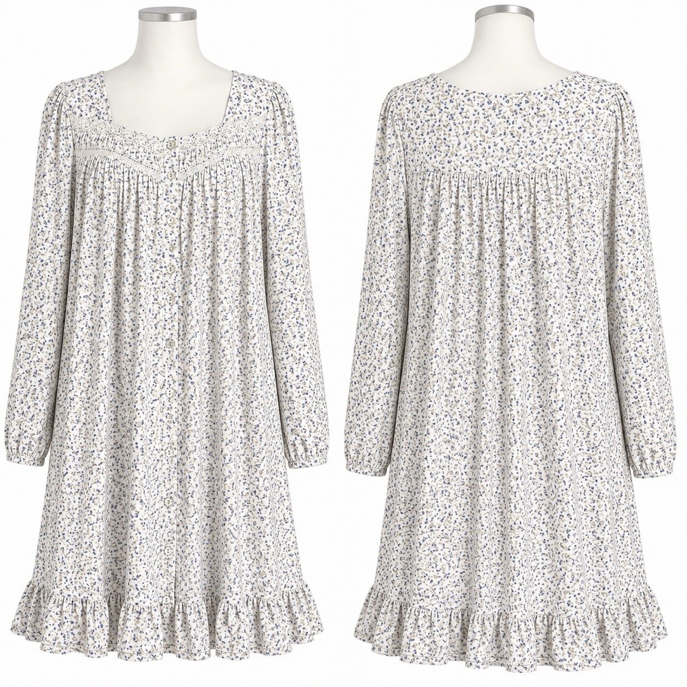 Eileen West Nightgown Sz Small Brushed Cotton Floral Long Sleeve Trad Wife